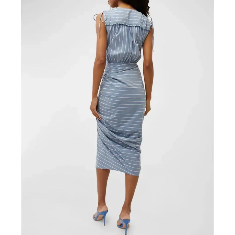 NWT Veronica Beard Teagan Stripe Ruched V-Neck Midi Dress in Blue/Kelly Green - Picture 2 of 15